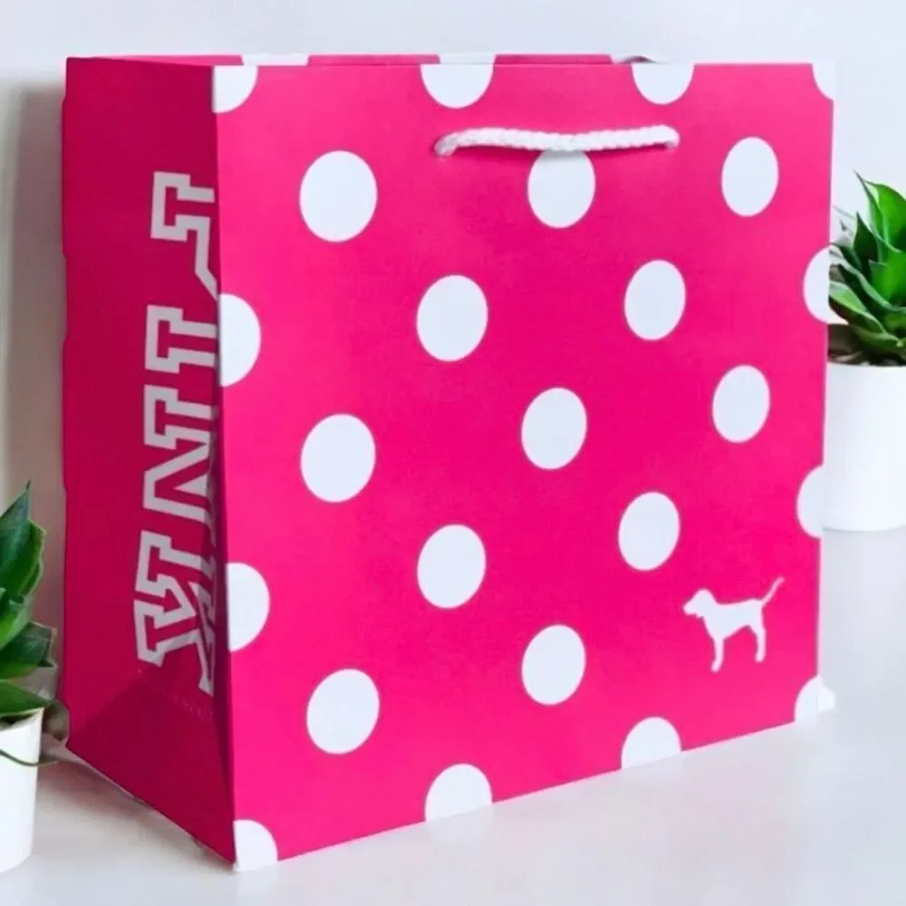 New 5 Victoria's Secret PINK Polka Dots 8”Hx8”Wx4.5”D Paper Gift Shopping Bags